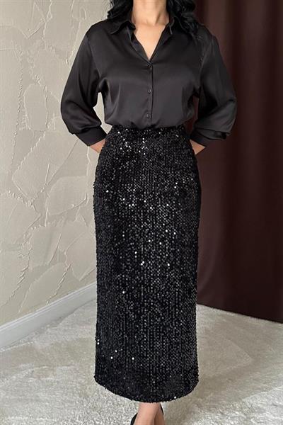 Siyah Pulpayetli Parlak Etek