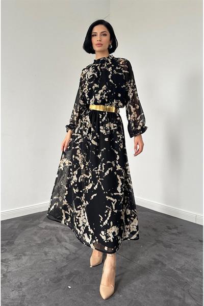 Siyah Reglan Kol Baskılı Elbise