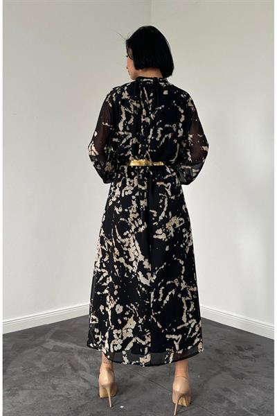 Siyah Reglan Kol Baskılı Elbise