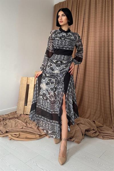 Siyah Reglan Kol Parçalı Baskılı Elbise