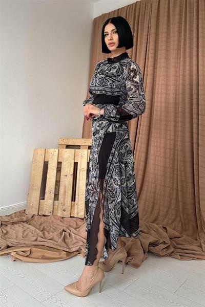 Siyah Reglan Kol Parçalı Baskılı Elbise