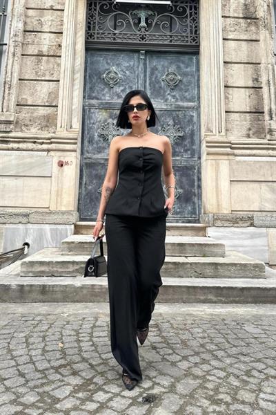 Siyah Straplez Düğmeli Crop Ve Pantolon Takım
