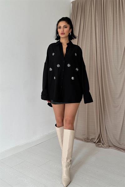 Siyah Taş İşlemeli Gömlek