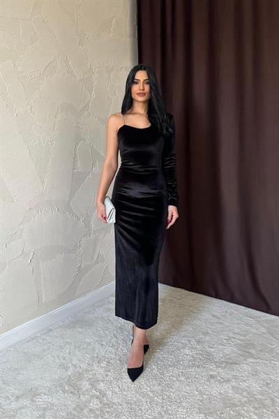 Siyah Tek Omuzlu Taş Askılı Elbise