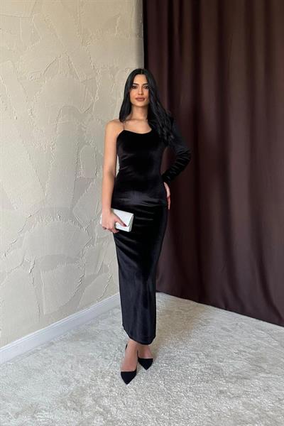 Siyah Tek Omuzlu Taş Askılı Elbise