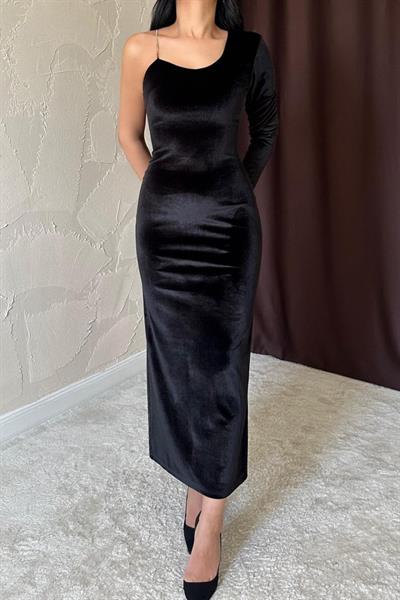 Siyah Tek Omuzlu Taş Askılı Elbise