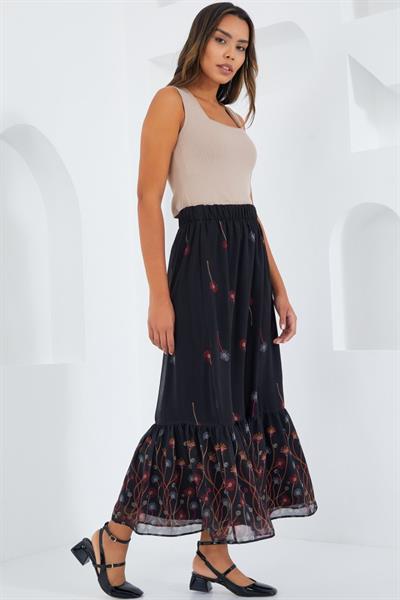 Siyah Turuncu Desenli Şifon Etek 8010