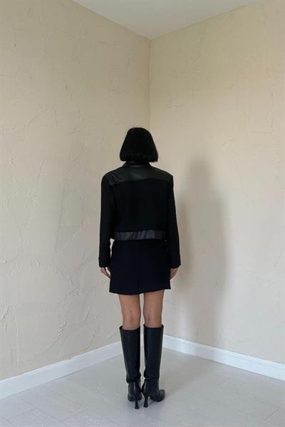 Siyah Üçlü Deri Garnili Ceket Ve Pantolon Takım