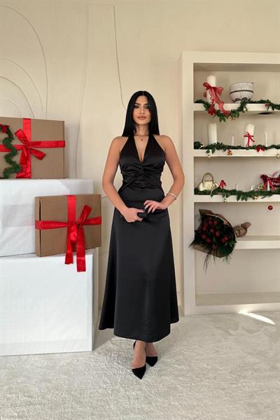 Siyah Uzun Saten Elbise