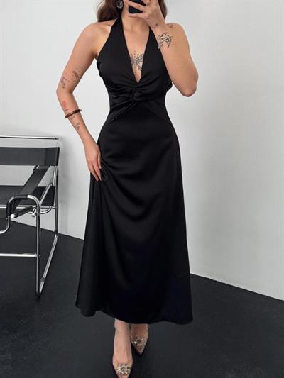 Siyah Uzun Saten Elbise