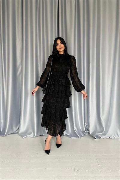 Siyah Valonlu Şeritli Kat Kat Elbise