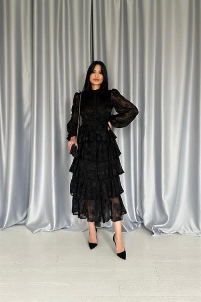 Siyah Valonlu Şeritli Kat Kat Elbise