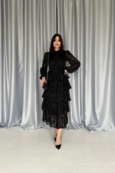 Siyah Valonlu Şeritli Kat Kat Elbise