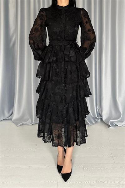 Siyah Valonlu Şeritli Kat Kat Elbise