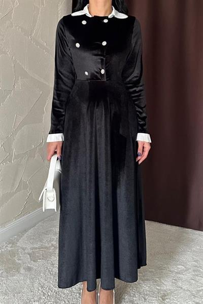 Siyah Yakası Taşlı Garnili Kadife Elbise