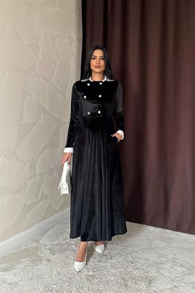 Siyah Yakası Taşlı Garnili Kadife Elbise