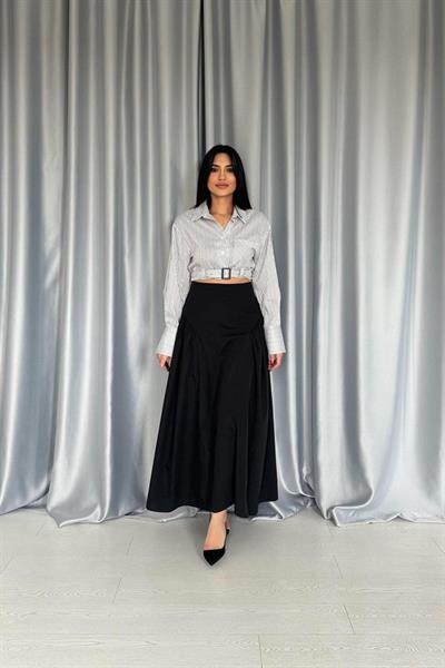 Siyah Yanları Büzgülü Uzun Etek