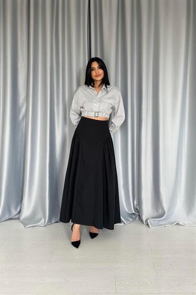Siyah Yanları Büzgülü Uzun Etek