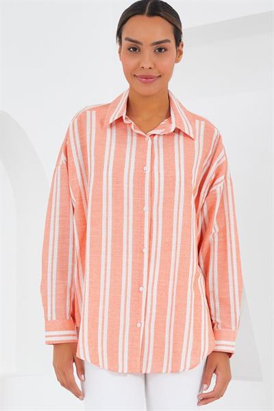 Somon Beyaz Çizgili Oversize Keten Gömlek 20251