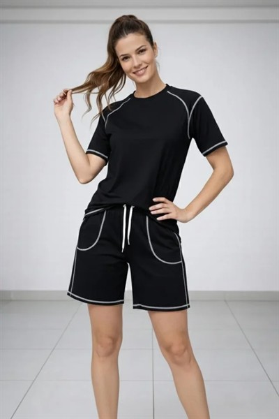 Spor Tişört Şort Takım Kontrast Dikiş Detaylı Ovarsize Rahat Kalıp - Siyah