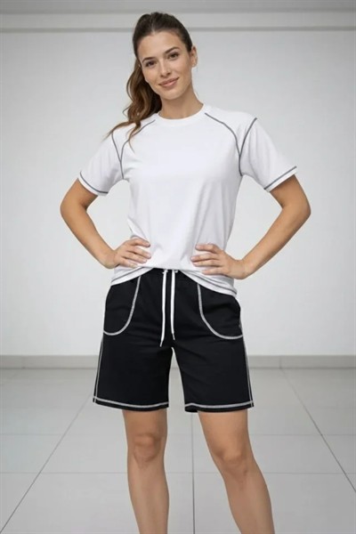 Spor Tişört Şort Takım Kontrast Dikiş Detaylı Ovarsize Rahat Kalıp - Beyaz
