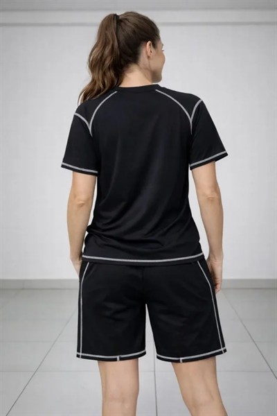 Spor Tişört Şort Takım Kontrast Dikiş Detaylı Ovarsize Rahat Kalıp - Siyah