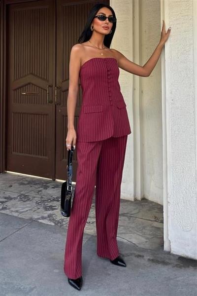 Straplez Büstiyer Ve Palazzo Pantolon Çizgili Takım 10005