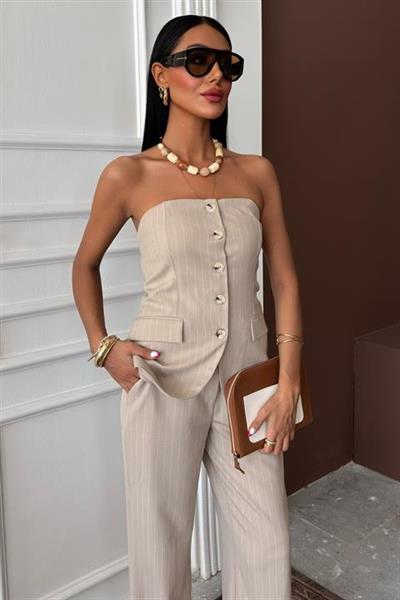 Straplez Büstiyerli Plazzo Pantolonlu Çizgili Takım 10151