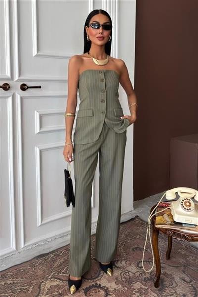 Straplez Büstiyerli Plazzo Pantolonlu Çizgili Takım 10151