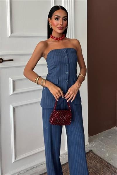 Straplez Büstiyerli Plazzo Pantolonlu Çizgili Takım 10151