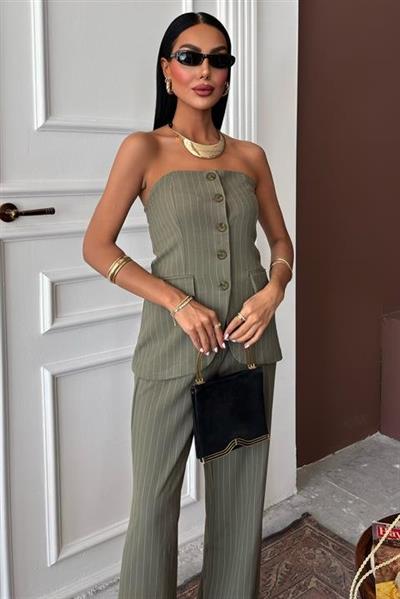 Straplez Büstiyerli Plazzo Pantolonlu Çizgili Takım 10151