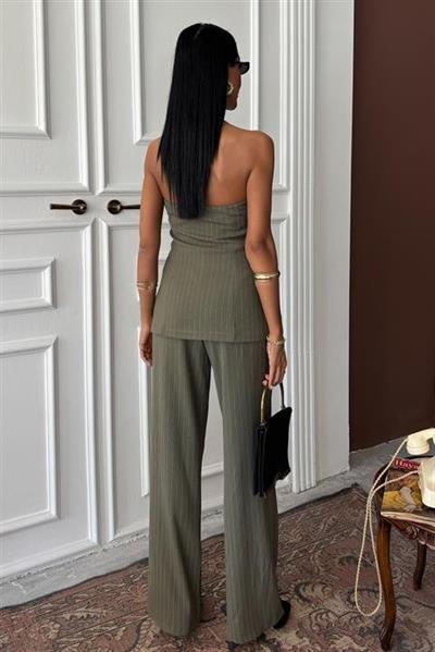 Straplez Büstiyerli Plazzo Pantolonlu Çizgili Takım 10151