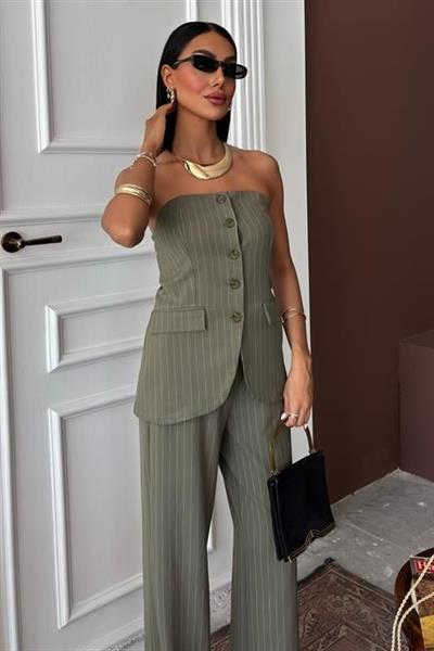 Straplez Büstiyerli Plazzo Pantolonlu Çizgili Takım 10151