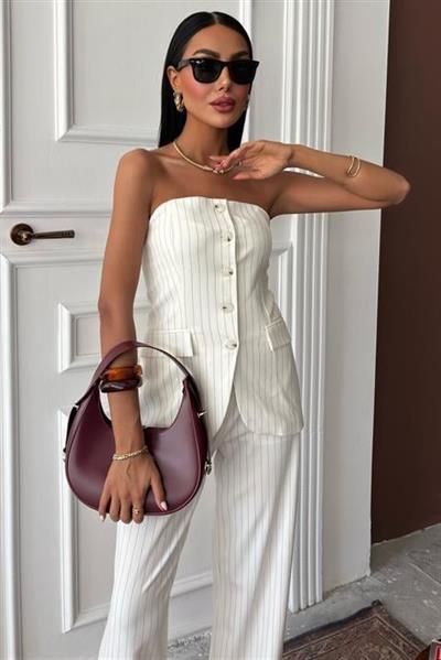 Straplez Büstiyerli Plazzo Pantolonlu Çizgili Takım 10151