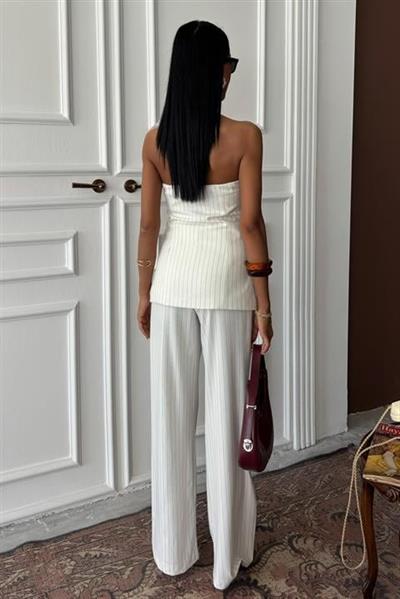 Straplez Büstiyerli Plazzo Pantolonlu Çizgili Takım 10151