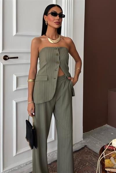 Straplez Büstiyerli Plazzo Pantolonlu Çizgili Takım 10151