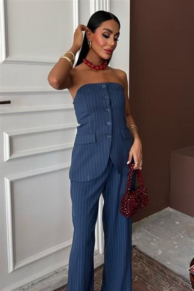 Straplez Büstiyerli Plazzo Pantolonlu Çizgili Takım 10151