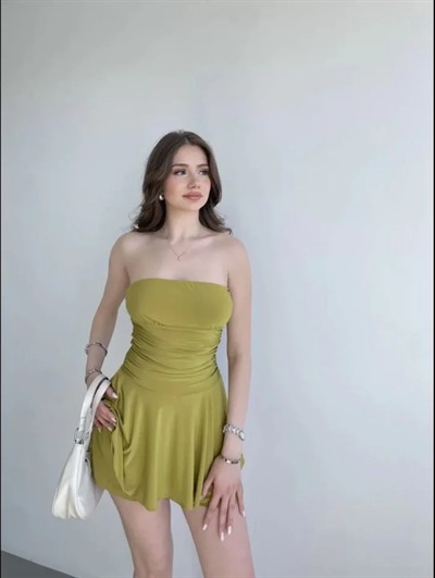 Straplez Mini Etek Görünümlü Şortlu Elbise Büzgülü Şık Yazlık - Mint Yeşili