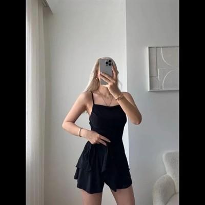 Straplez Mini Etek Görünümlü Şortlu Elbise Büzgülü Şık Yazlık - Siyah