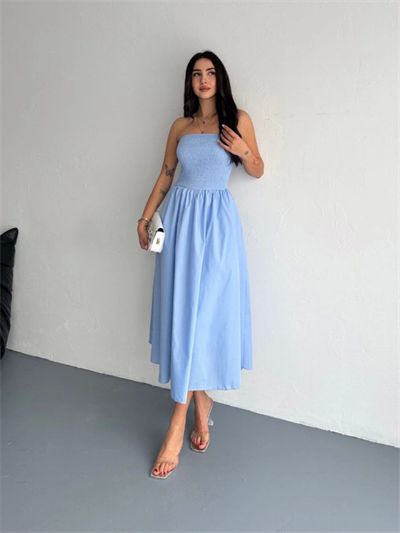 Straplez Pileli Elbise - Açık Mavi