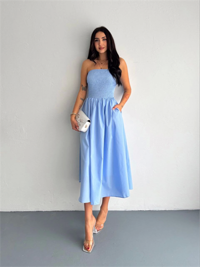 Straplez Pileli Elbise - Açık Mavi