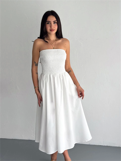 Straplez Pileli Elbise - Beyaz