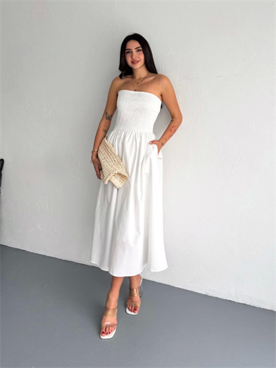 Straplez Pileli Elbise - Beyaz