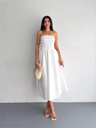 Straplez Pileli Elbise - Beyaz