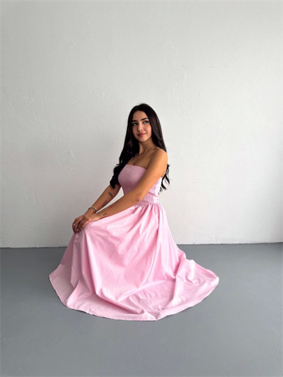 Straplez Pileli Elbise - Pembe