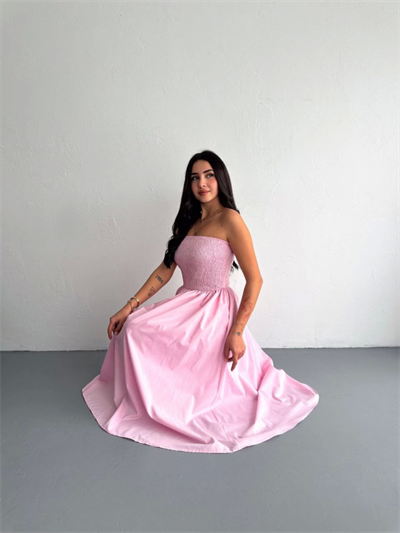 Straplez Pileli Elbise - Pembe