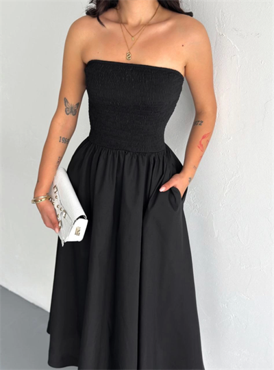 Straplez Pileli Elbise - Siyah