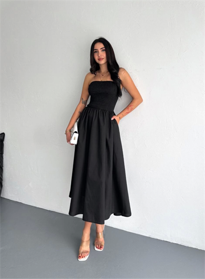 Straplez Pileli Elbise - Siyah