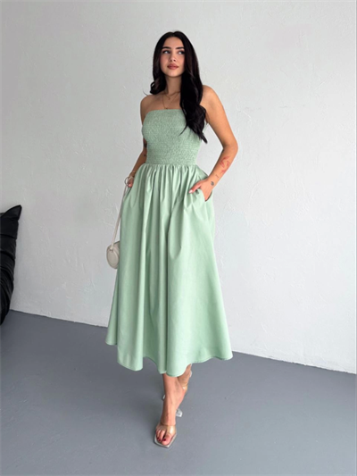 Straplez Pileli Elbise - Su Yeşili