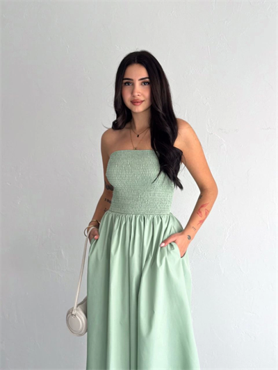 Straplez Pileli Elbise - Su Yeşili
